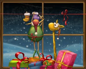 Preview wallpaper new year, christmas, giraffe, gifts, window