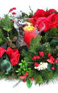 Preview wallpaper new year, christmas, holiday, wreath, needles, candle, buds