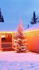 Preview wallpaper new year, christmas, ornament, house, fires, garlands