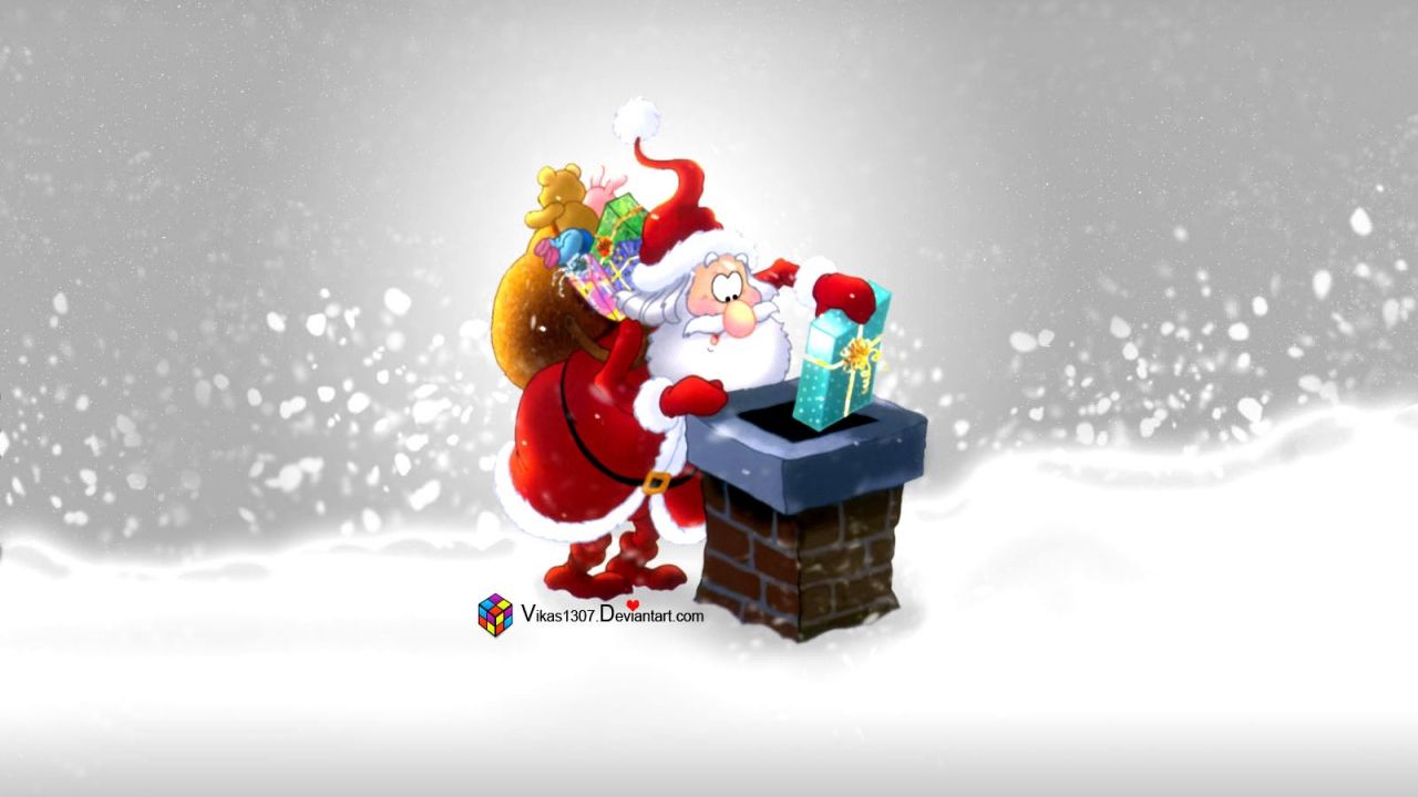 Wallpaper new year, christmas, santa claus, gift, pipe, roof