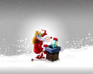 Preview wallpaper new year, christmas, santa claus, gift, pipe, roof