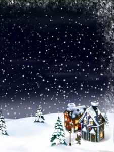 Preview wallpaper new year, christmas, snow, moon, house, fur-trees