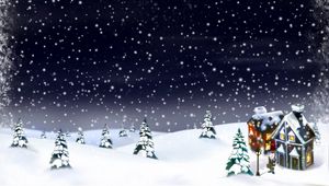 Preview wallpaper new year, christmas, snow, moon, house, fur-trees