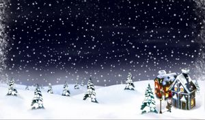 Preview wallpaper new year, christmas, snow, moon, house, fur-trees