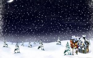 Preview wallpaper new year, christmas, snow, moon, house, fur-trees