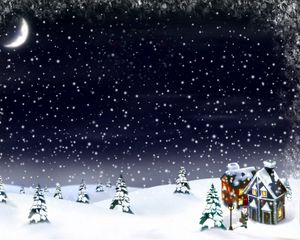 Preview wallpaper new year, christmas, snow, moon, house, fur-trees