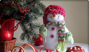 Preview wallpaper new year, christmas, snowman, branches, sleigh, christmas decorations