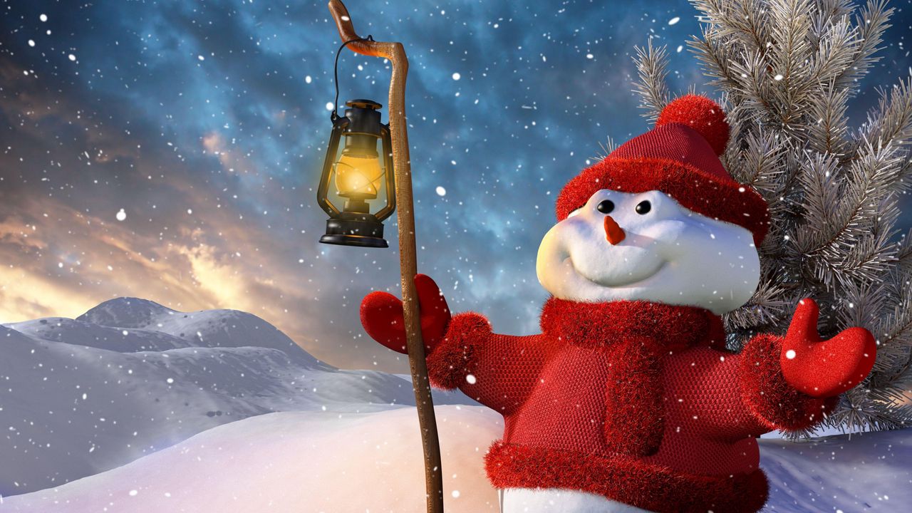 Wallpaper new year, christmas, snowman, lamp, tree, snow, smiling