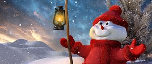Preview wallpaper new year, christmas, snowman, lamp, tree, snow, smiling