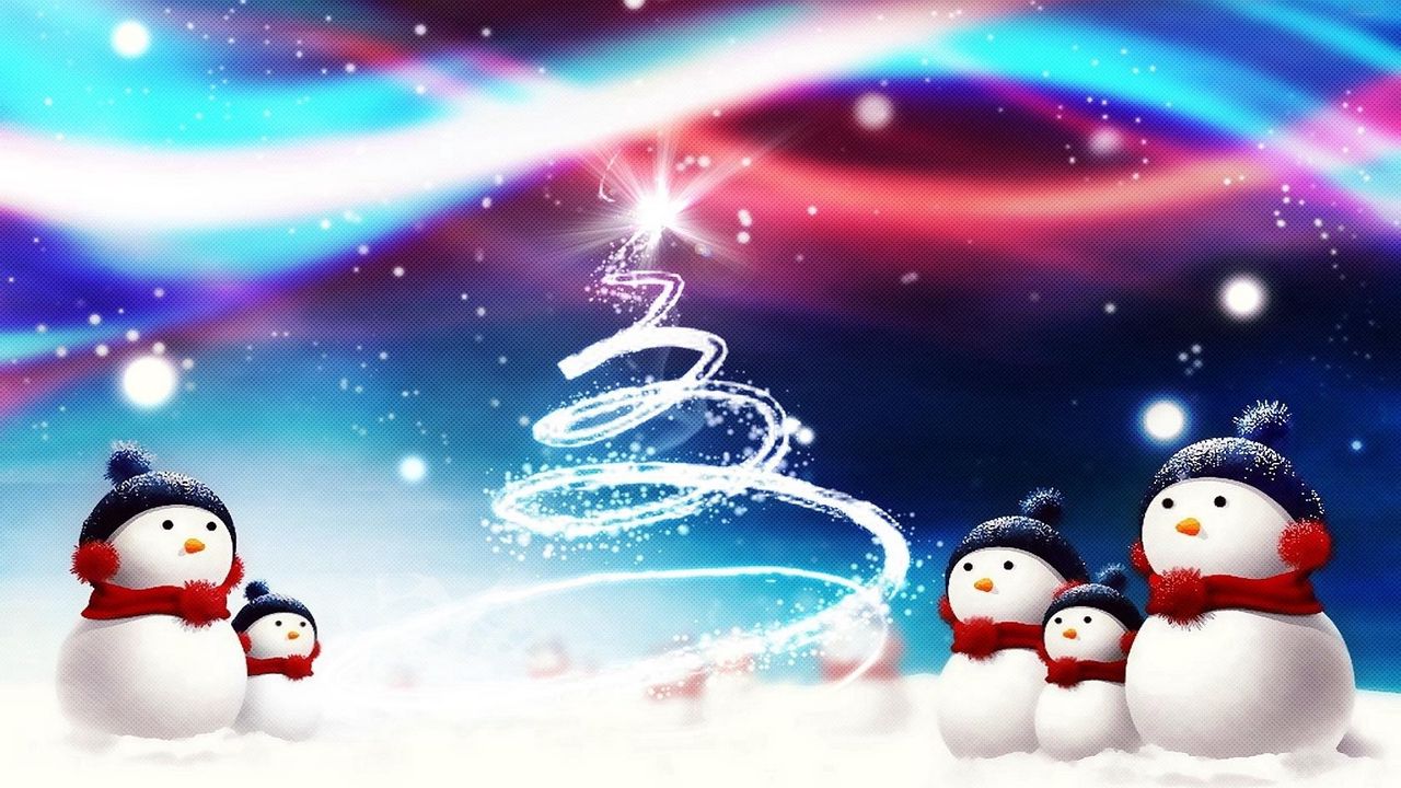 Wallpaper new year, christmas, snowmen, attribute, fur-tree, silhouette