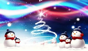 Preview wallpaper new year, christmas, snowmen, attribute, fur-tree, silhouette