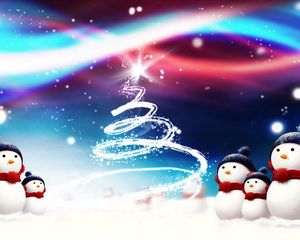 Preview wallpaper new year, christmas, snowmen, attribute, fur-tree, silhouette