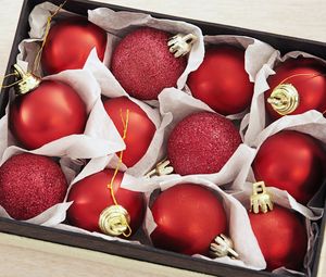 Preview wallpaper new year, christmas, spheres, red, box, matte, spangles