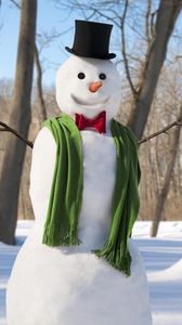 Preview wallpaper new year, christmas, winter, snowman, scarf, trees, snow