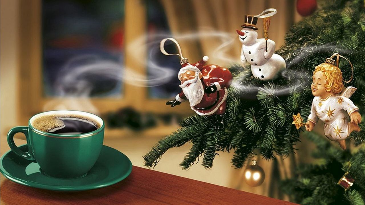 Wallpaper new year, coffee, christmas tree, santa claus, snowman, angel