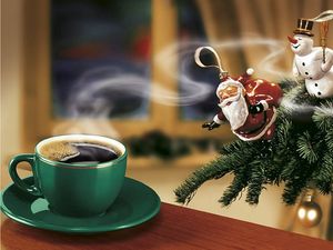 Preview wallpaper new year, coffee, christmas tree, santa claus, snowman, angel