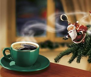 Preview wallpaper new year, coffee, christmas tree, santa claus, snowman, angel