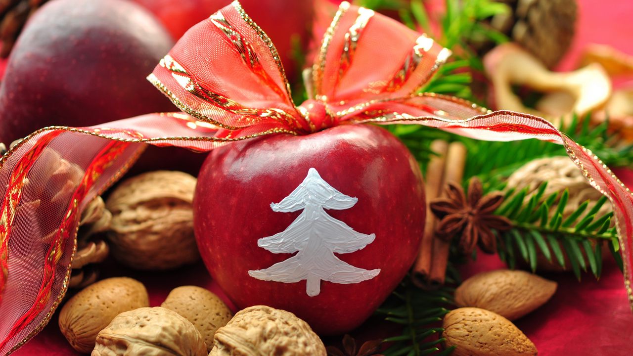 Wallpaper new year, holiday, table, apples, ribbon, bow, decoration, walnuts, pine needles, pine cones, cinnamon