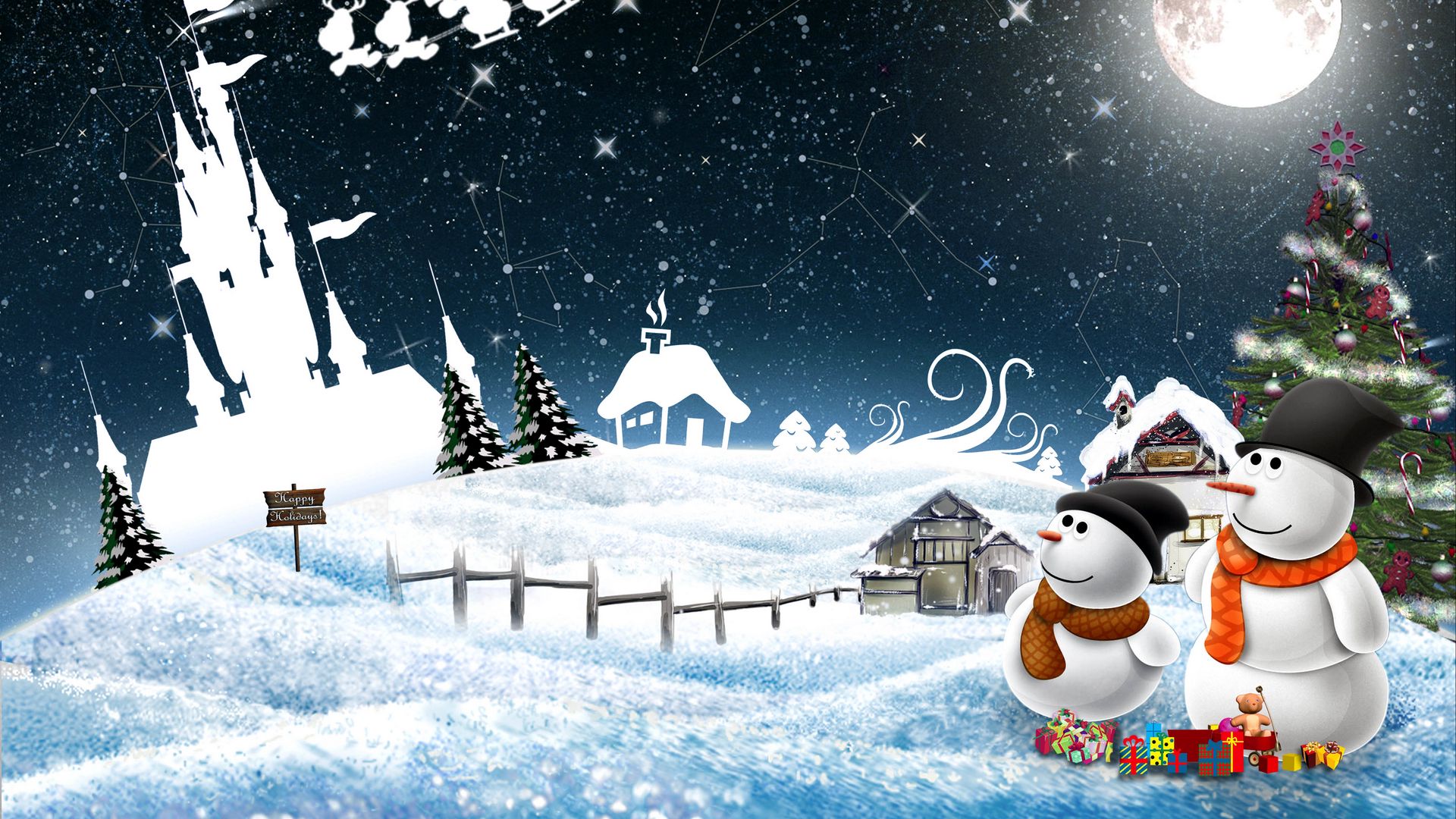 Download wallpaper 1920x1080 new year, snowmen, night, greeting, holiday,  christmas full hd, hdtv, fhd, 1080p hd background