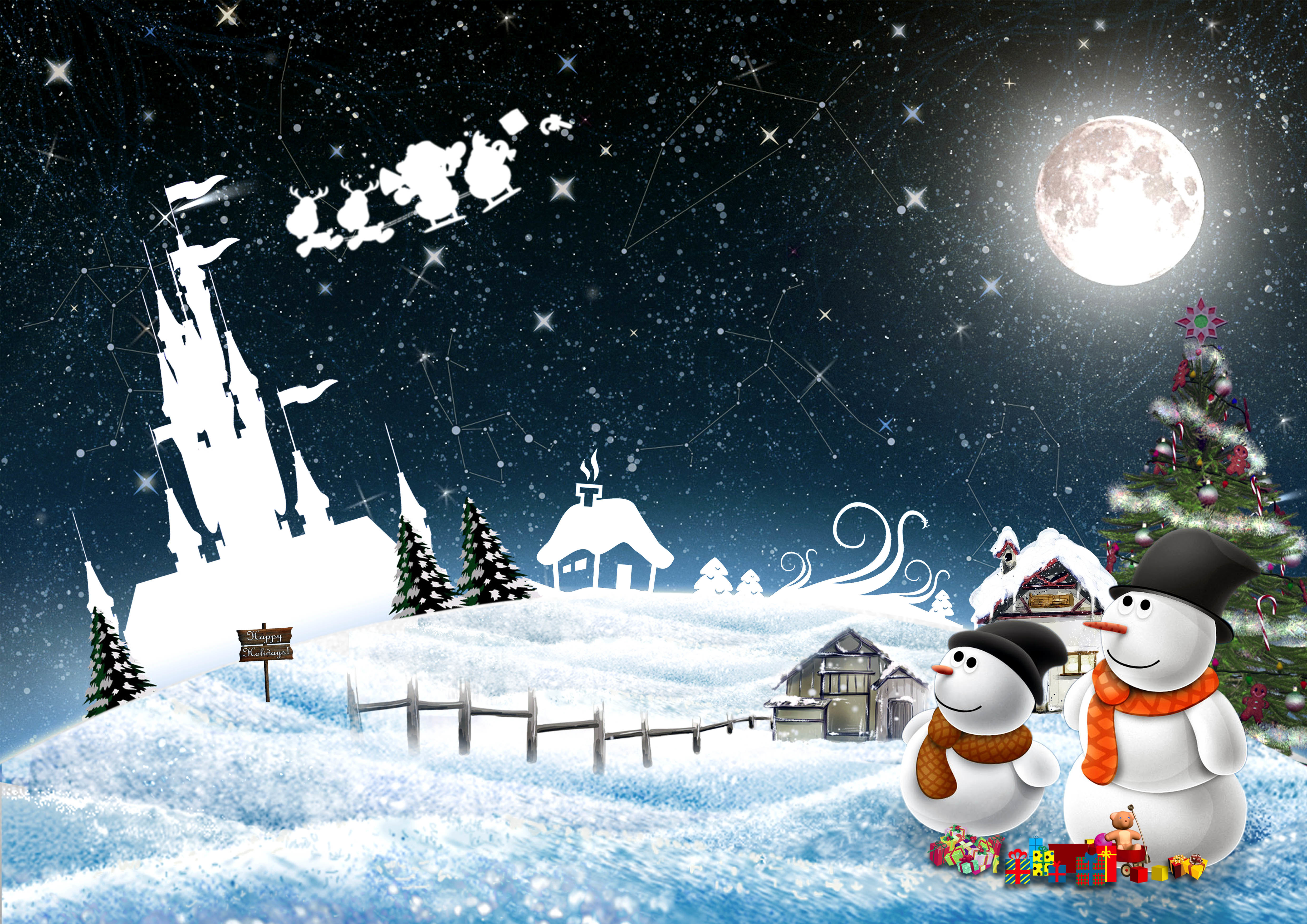 4961x3508 Wallpaper new year, snowmen, night, greeting, holiday, christmas