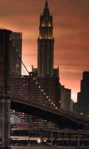 Preview wallpaper new york, bridge, sunset, lights, skyscrapers