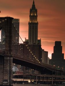 Preview wallpaper new york, bridge, sunset, lights, skyscrapers