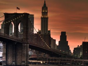 Preview wallpaper new york, bridge, sunset, lights, skyscrapers