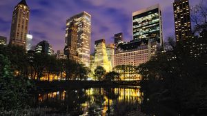 Preview wallpaper new york city, center, new york, city, houses, buildings, trees, clouds, cloudy, manhattan, lake, light, lights, night city, beautiful, beautiful sky, pond, reflection