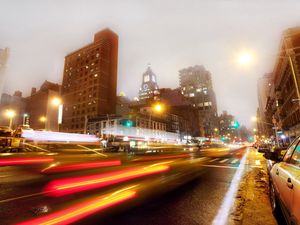 Preview wallpaper new york, night, buildings, traffic, road