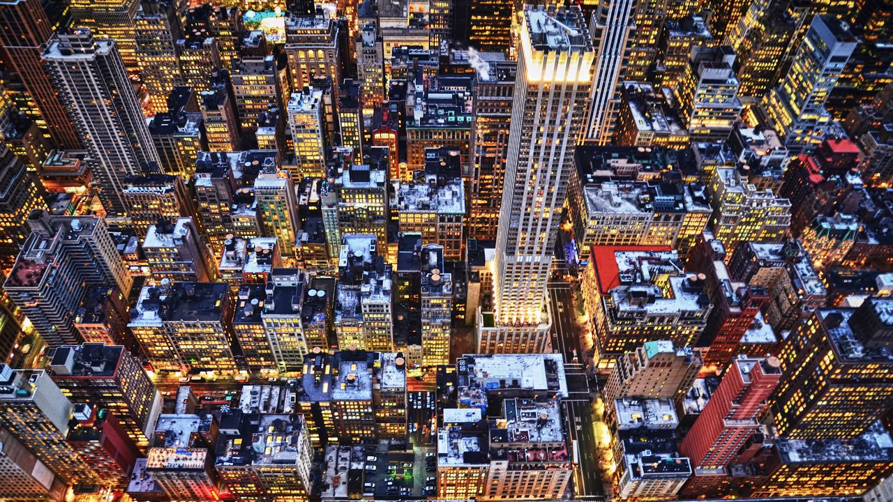 Wallpaper new york, skyscrapers, buildings, roofs, lights, night, winter