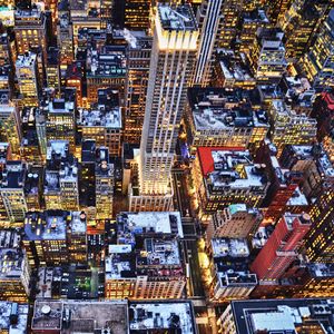 Preview wallpaper new york, skyscrapers, buildings, roofs, lights, night, winter