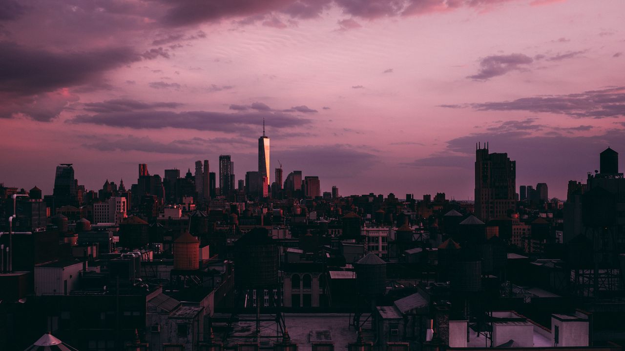 Wallpaper new york, skyscrapers, sunset, clouds, usa