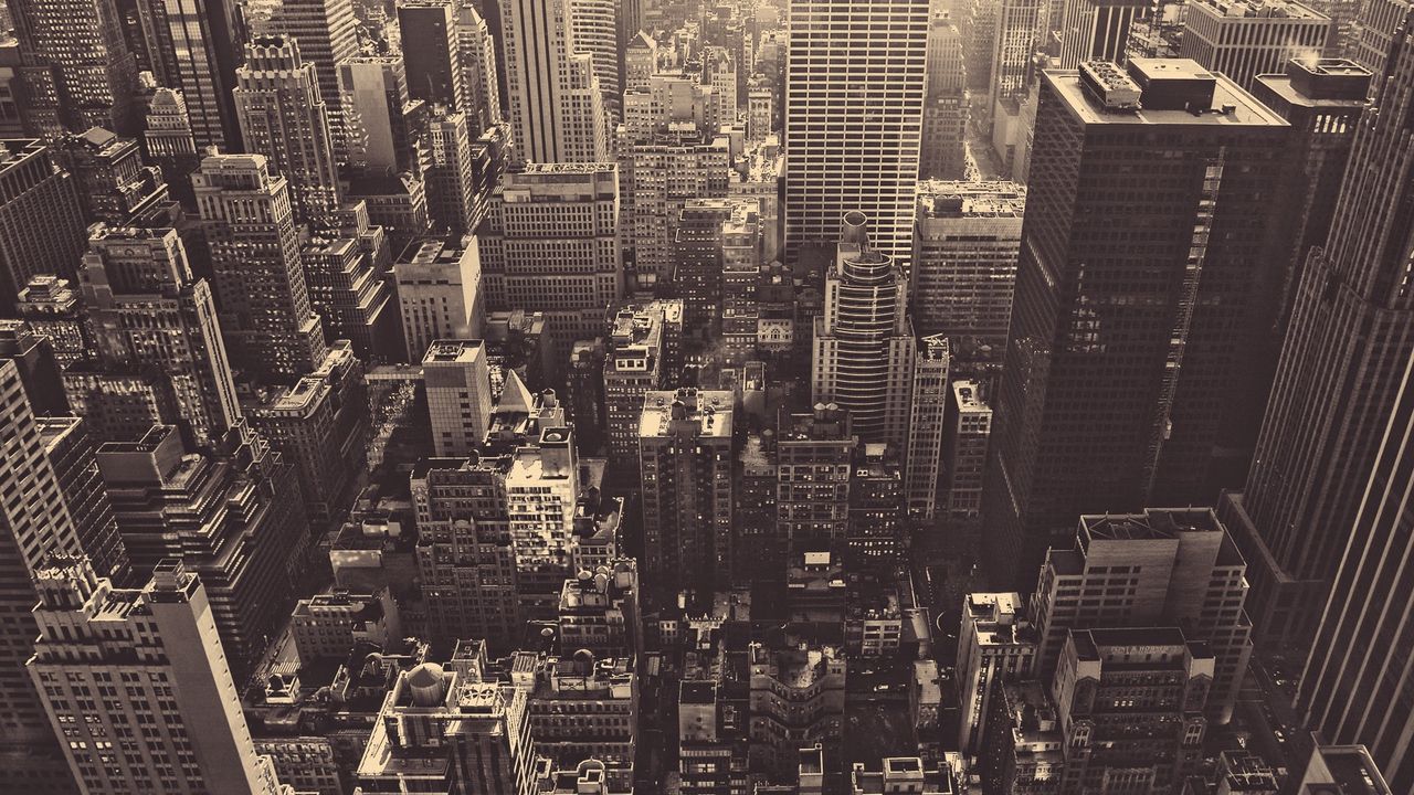 Wallpaper new york, skyscrapers, top view, metropolis, black and white