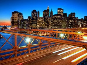 Preview wallpaper new york, sunset, bridge, skyscrapers