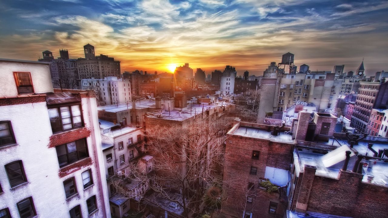 Wallpaper new york, sunset, buildings, top view, hdr