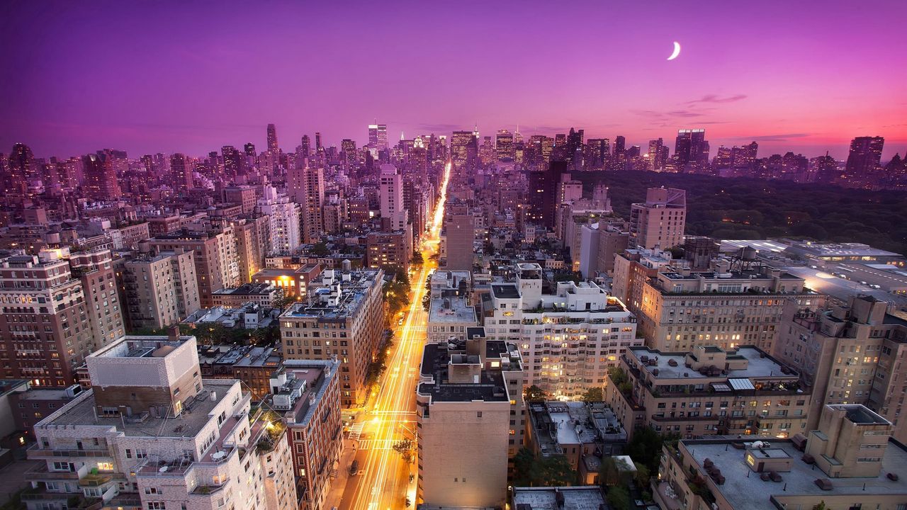 Wallpaper new york, sunset, buildings, city lights, top view