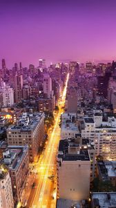 Preview wallpaper new york, sunset, buildings, city lights, top view