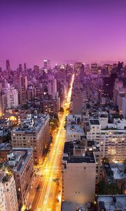 Preview wallpaper new york, sunset, buildings, city lights, top view