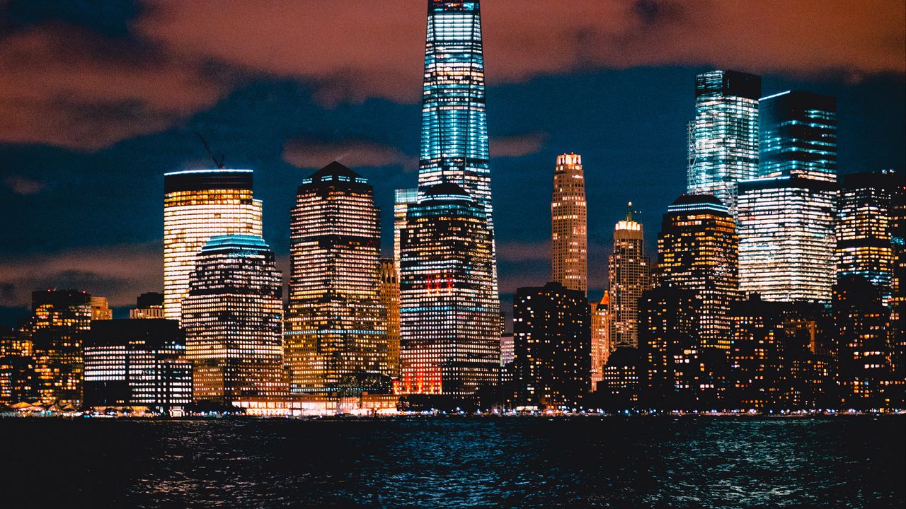 Wallpaper new york, usa, skyscrapers, shore, night