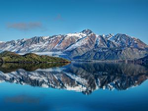 Preview wallpaper new zealand, mountains, river, sea, sky, landscape