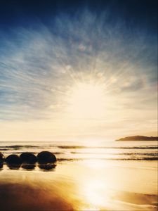 Preview wallpaper new zealand, ocean, sunrise, rocks