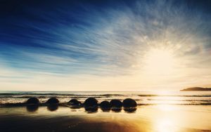 Preview wallpaper new zealand, ocean, sunrise, rocks