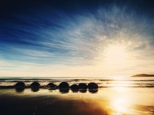 Preview wallpaper new zealand, ocean, sunrise, rocks