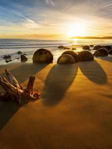 Preview wallpaper new zealand, ocean, sunrise, rocks, coastline