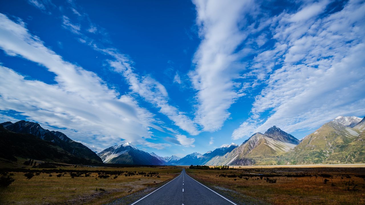 Wallpaper new zealand, road, highway, mountain, blue, sky, clouds