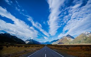 Preview wallpaper new zealand, road, highway, mountain, blue, sky, clouds