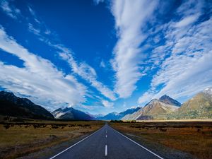 Preview wallpaper new zealand, road, highway, mountain, blue, sky, clouds
