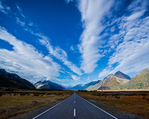 Preview wallpaper new zealand, road, highway, mountain, blue, sky, clouds