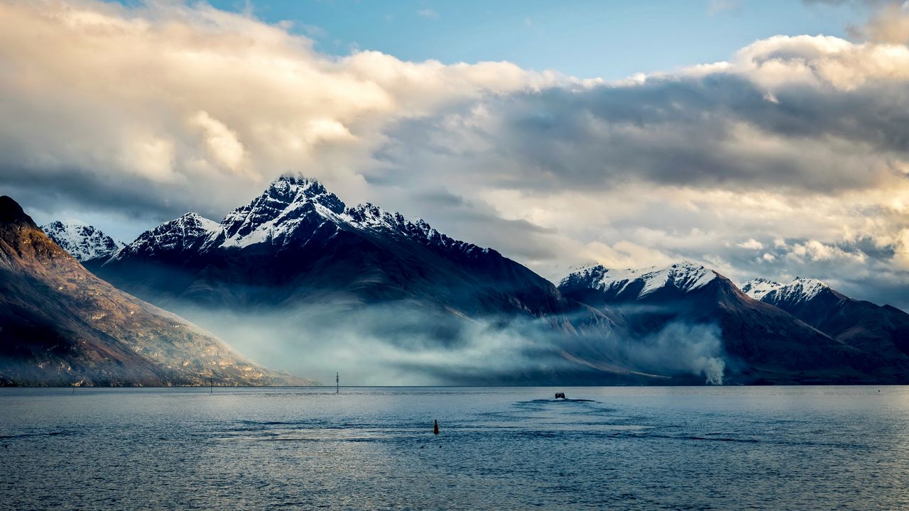 Wallpaper new zealand, sea, mountains, sky, clouds
