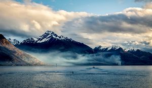 Preview wallpaper new zealand, sea, mountains, sky, clouds